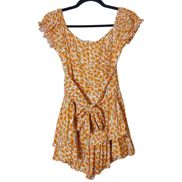 O. Vianca Orange Ditsy Floral Puff Sleeve Romantic Romper Playsuit Small - Picture 2 of 15